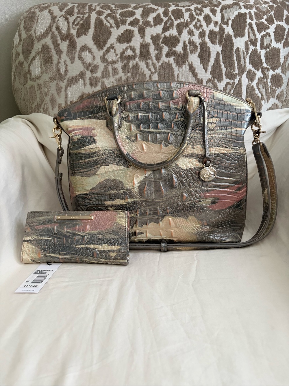 Authentic Brahmin Croc-Embossed Satchel and Wallet - Metallic Brown, Gold, Blush